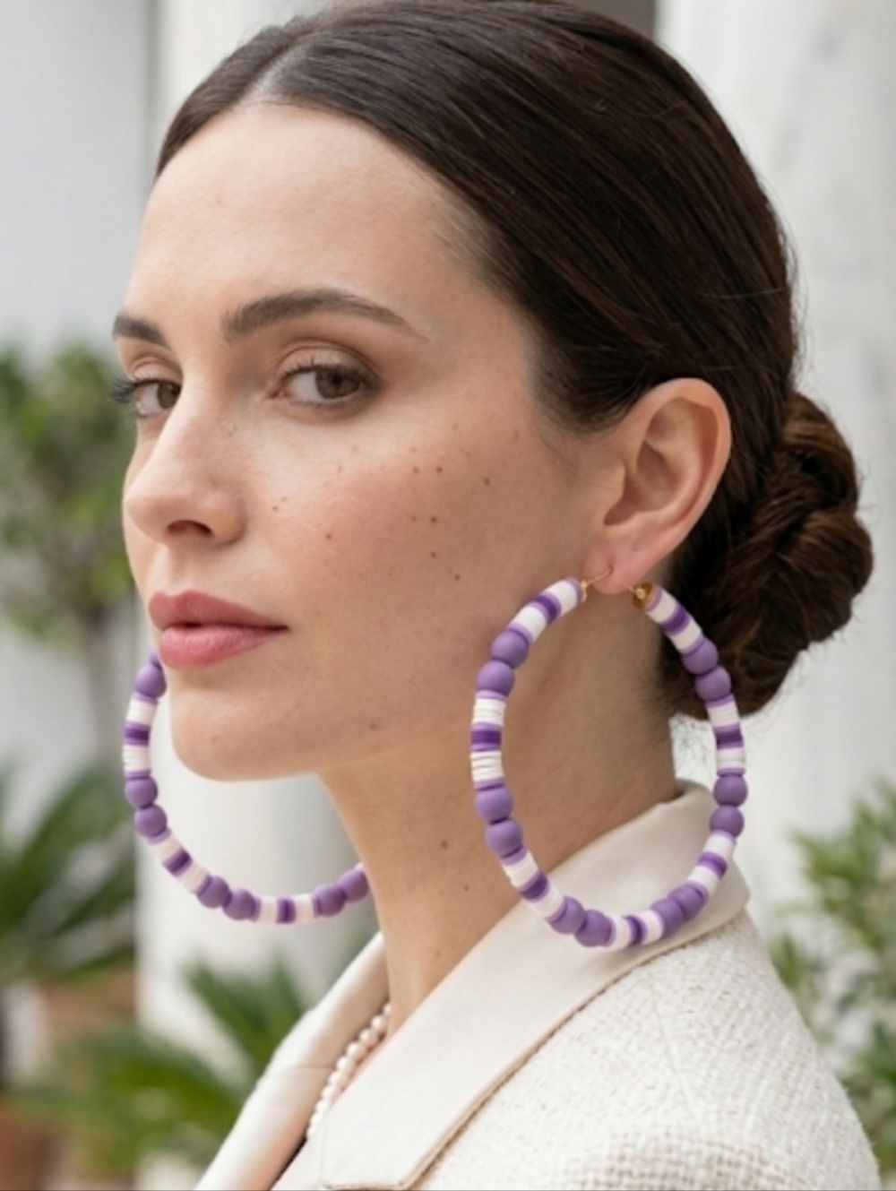 Purple Beaded Hoop Earrings - Women Jewelry 8cm